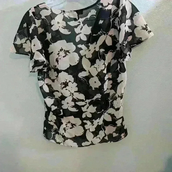 Chaps navy sheer floral button up top - Picture 2 of 4